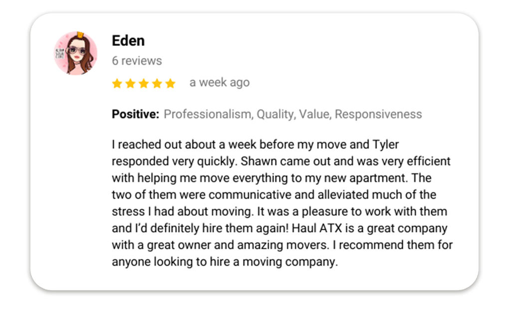 Haul ATX - Austin Moving Company Customer Reviews - Google Review - Eden