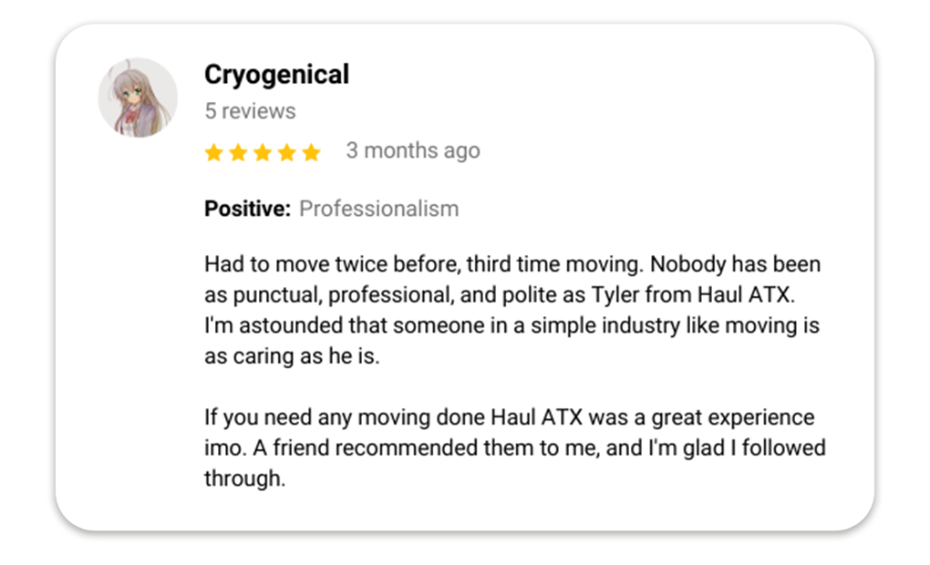 Haul ATX - Austin Moving Company Customer Reviews - Google Review - Cryogenical